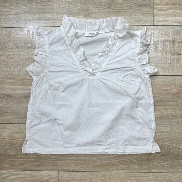 Avara White Sleeveless Ruffle V-Neck Casual Chic Blouse Top Cotton Women's Small - Picture 2 of 7